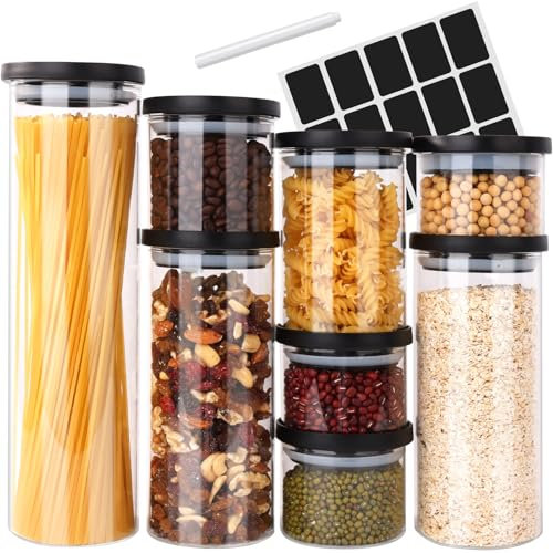 Aevcvok Bocaux en Verre Lot de 8, Pot en Verre avec Couvercle, Bocal en Verre Hermétique Empilable, Bocaux Rangement Cuisine avec Pâtes, Epices, Céréales, Farine, Café - [1250ml-200m]
