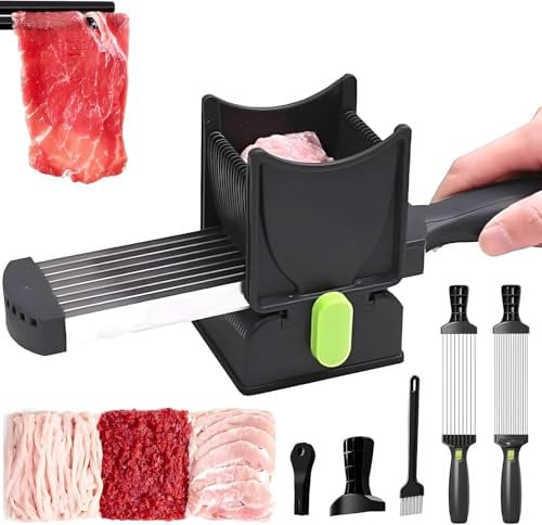 Fresh Meat Slicer for Home, Stainless Steel Raw Meat Slicer, Thickness Adjustable 2-4 mm, Hand Fresh Meat Cutter Food Slice for Beef Pork Mutton For Home Cooking BBQ Hot Pot black