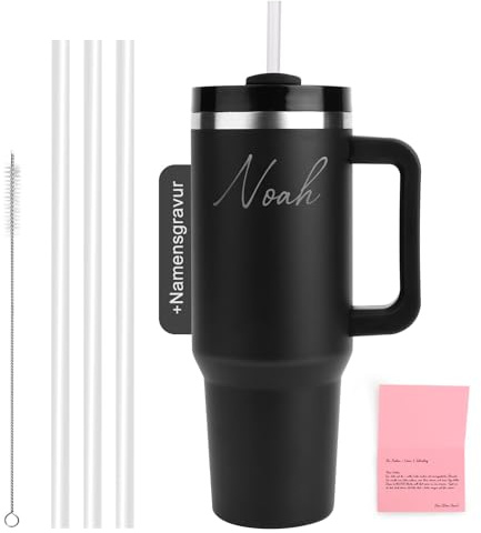 WALLFID 40oz Edelstahl Thermobecher, personalisierbar mit individuellem Namensaufdruck, vakuumisoliert mit Deckel, inkl. 3 Strohhalmen & Reinigungsbürste (Schwarz)