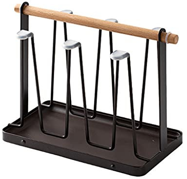 Mirweon Nordic Iron - Estante de secado de tazas de metal con bandeja y mango de madera, soporte escurridor de botellas de vino para cocina, hogar, botellas de vino