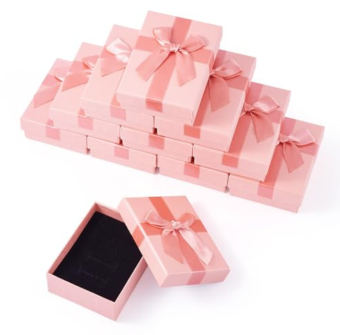 FASHEWELRY Lot de 12 boîtes à bijoux rectangulaires en carton rose 9 x 6,8 x 3 cm avec ruban pour mariage, anniversaire, Noël, Saint-Valentin