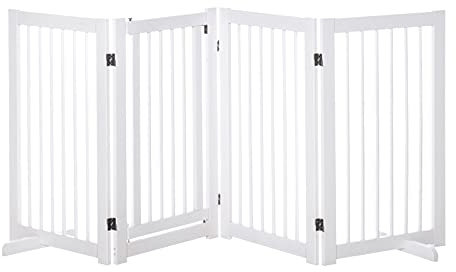 PawHut Barrera para Perros Plegable con Puerta Pequeña Valla para Perros 220x91 cm de 4 Paneles Barrera de Seguridad para Mascotas para Pasillo Escalera Blanco