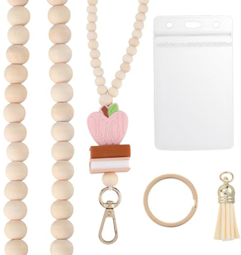 CREATCABIN Schlüsselband Perlen In Herzform Für Lehrer Schlüsselband Holzperlen Beige Naturholz Boho Silikon Buchäpfel Abreißbarer Schlüsselanhänger Quastenverschluss Kette Mit Ausweishalter 53.5cm