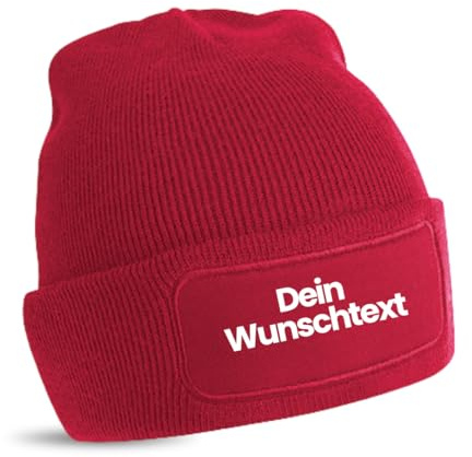 FLOCKex* personalisierte Beanie Mütze Bedruckt mit Wunschtext | warme Soft-Touch Wintermütze aus doppellagigem Strick mit Twill-Patch | individueller Schutz vor Nässe und Kälte