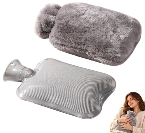 Premium Wärmflasche mit weichem Kunstfellbezug - 2000mL Naturkautschuk Wärmflasche für kuschelige Momente - Auslaufsichere Hot Water Bag - Geschenk für Freundin - Luxus Bettflasche in Grau
