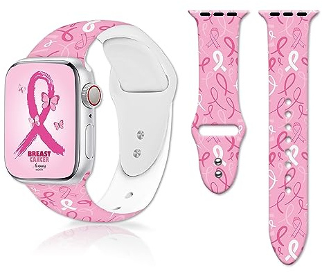 Breast Cancer Awareness Watch Bands Compatible with Apple Watch 38mm 40mm 41mm,Breast Cancer Pink Ribbons Breathable Soft Silicone Strap Smartwatch Replacement for iWatch SE & Series 8 7 6 5 4 3 2 1