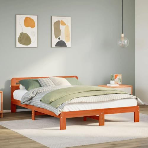 Teenpull Massivholzbett 120x200 cm, Kiefernholz, wachsbraun, mit Lattenrost, Kopfteil, Unterbett-Stauraum, Robustes Bettgestell für erholsamen Schlaf