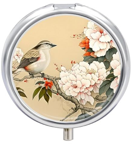 Pilulier de voyage à 3 compartiments, petit étui à médicaments, récipient de poche quotidien pour pharmacie, distributeur de médicaments en métal pour vitamines – Oiseaux et fleurs, peinture chinoise