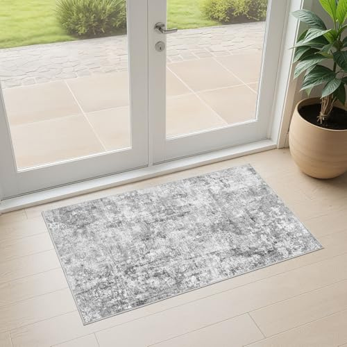 DMOYEST Entryway Door Mat Washable 60x110cm Small Rugs Abstract Light Grey | Thin Neutral Modern Indoor Rug Soft Non Slip Low Pile Carpet for Hallway Entrance Kitchen Bedroom