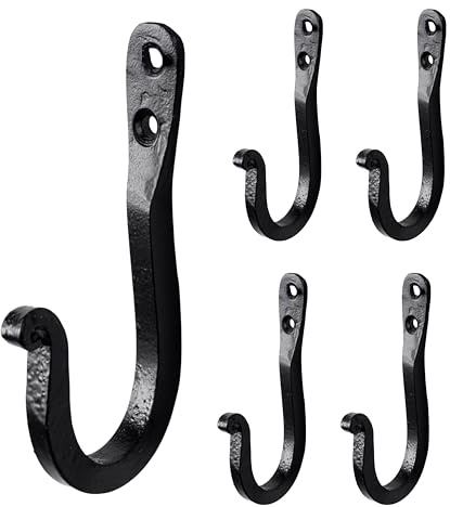 Hell Blues Hand Forged Wrought Iron Single Coat Hook Set of 5, Rustic mudroom, Industrial Kitchen ~ Weatherproof Antique Style Blacksmith Hooks
