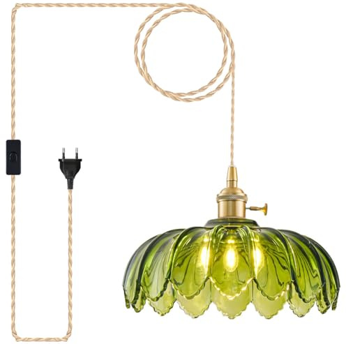 Plug-In-Hängelampe, Hängeleuchte Glas-Pendelleuchte, Vintage Grüner Hängelampe mit Stecker, Pendelleuchte Wohnzimmer, Geeignet für Kücheninsel, Schlafzimmer, Wohnzimmer, Leuchtmittel Nicht Enthalten