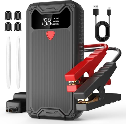 Eigotrav Car Jump Starter 8000mAh, Portable 12V Battery Booster for 10L Gas 8L Diesel Engine, Dual USB Charger, LED Flashlight SOS Smart Clamps, Free 4 Tire Valve Caps