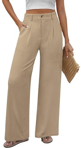 PASUDA Hose Damen Sommer Weites Bein Freizeithose Hight Waist Geradem Sommerhose Leichte Bequeme Lässige Anzughose Hosen Lang mit Taschen, Knopfleiste (Khaki, S)
