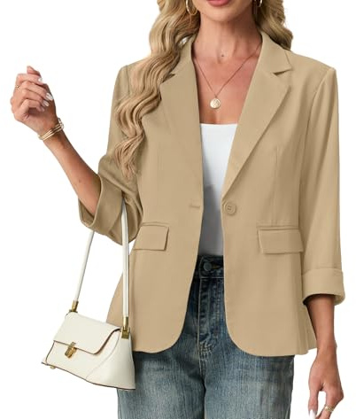 GRECERELLE Blazer da donna con maniche a 3/4, giacche da donna, eleganti cardigan con risvolto dentellato, ufficio, lavoro, cappotti da sposa, capispalla causale con tasche, bottoni, Albicocca, 44