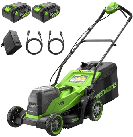 Greenworks 48V (24V x 2) Tosaerba a Batteria Li-Ion, Ampiezza di taglio 35cm, Tagliaerba Elettrico Batteria CON Due Batterie 4Ah e Caricabatterie Doppio MO48L421-01