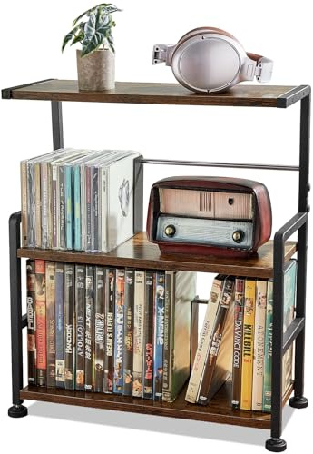 Aquzee CD Storage Rack, 3-tier CD Holder for Coutertop, Wooden CD Organizer, DVD Storage Shelf, Holds Up to 70 Standard CD, Adjustable CDs Dividers, Multi-Purpose Media Storage for CD DVDs Games Books