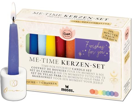 moses. Omm for you Me-Time Kerzen-Set – 7 Chakra-Kerzen für kleine Rituale, Kerzen-Set mit Mini-Guide und Kerzenhalter, Geschenkidee, Bunt