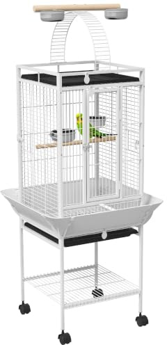 PawHut Vogelkäfig mit 3 Türen für Nymphensittiche 62,5x62,5x156cm Weiß | Papageienkäfig, 2 Sitzstange, 360° Rollen, Futternapf, Ablage, Vogelvoliere mit Freisitz, Herausnehmbar Tablett