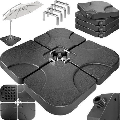 CASARIA Base para Sombrilla 4 Piezas Rellenables HDPE 105x105cm Negro | Set Rellenable, 60L Agua, 80kg Arena, Incl. 4 Ganchos Acero, Resistente UV, Antihielo, Base Cruz, Jardín, Terraza, Balcón