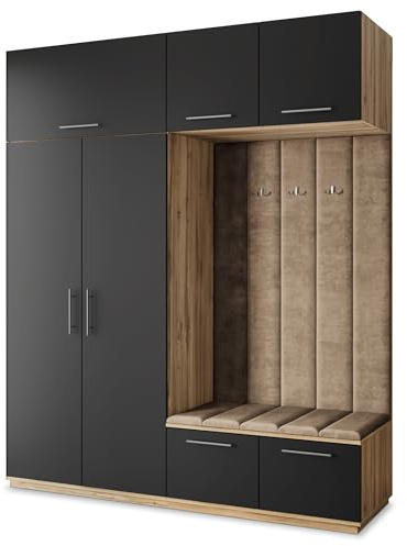 Masseno Flugarderoben Set Rema, Kleiderschrank-Set mit Sitzbank, Garderobenschrank Flur mit 5 Regalböden, Eiche Wotan/Schwarz