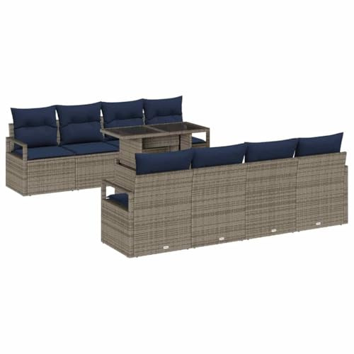 vidaXL Garten-Sofa-Set 7 pcs Grau und Marineblau Poly-Rattan, Garten- und Terrassenmöbel, modulares Sofaset, Bequeme Lounge, langlebig und UV-beständig, ideale Sitzgelegenheit für die Terrasse