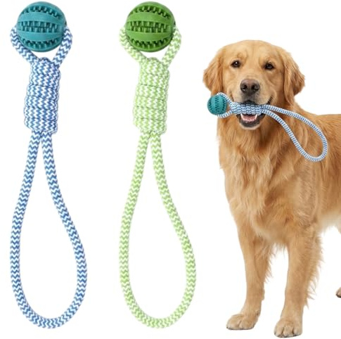 MAUDFEK 2 PCS Dog Rope Toys, Durable Dog Tug Toy & Dog Ball on Rope Set, Interactive Toys for Dogs, Portable for Daily Play, Outdoor & Travel Use (Green & Blue)