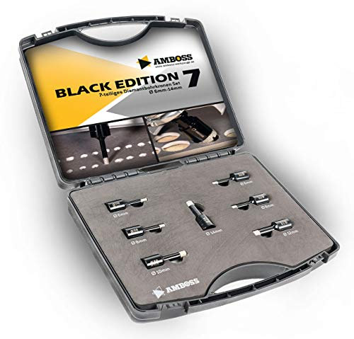 Amboss - Diamant Fliesenbohrer-/Bohrkronen - Set 7 tlg. (Ø 8-14 mm) Premium Black Edition | M14 für Winkelschleifer | Fliesen, Granit, Feinsteinzeug