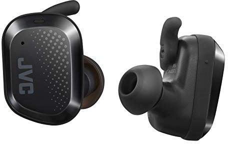 JVC HA-AE5T Kabellose Bluetooth-Kopfhörer, Touch-Steuerung, schlankes Aero-Design, reduziert Windgeräusche, Laufzeit 27 Stunden, wasserdicht, schweiß- und staubdicht, IP55, Schwarz, klein