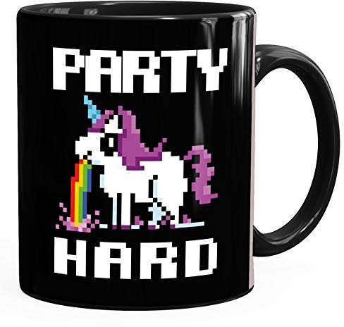 MoonWorks® Kaffee-Tasse Party Hard kotzendes Einhorn Bürotasse lustige Kaffeebecher Saufsprüche schwarz Keramik-Tasse