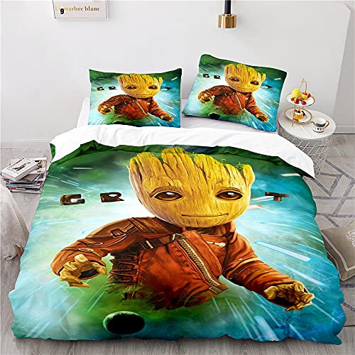 NICHIYOBI Guardians of The Galaxy Groot Bettwäsche Set - Bettbezug und Kissenbezug,Mikrofaser,3D Digital Print dreiteiliger Bettwäsche (1,Single 135 * 200cm+80 * 80cm)