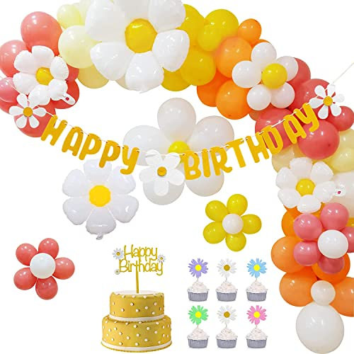 Geburtstagsdeko Mädchen Gänseblümchen Deko Geburtstag HAPPY BIRTHDAY Girlande Luftballons Kuchendeko Folienballons Blumen Kindergeburtstag