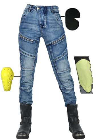 Pantalones de Moto Para Mujer/hombre Fabricados con Tela Stretch denim, Pantalón de Protección Para Motocicleta,Pantalones con Bolsillos Y 4 Almohadillas Protectoras Desmontables (Blue Female-B,XL)