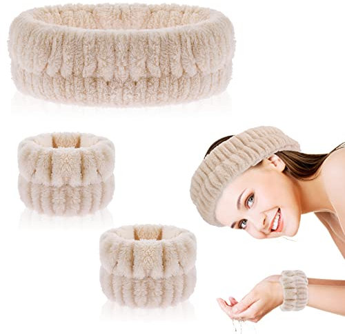 WLLHYF Spa-Stirnband, Handgelenk-Waschband, Gesichtswaschset, Gesichts-Make-up, Haarband, Mikrofaser-Duschkopf-Wraps, verstellbare Handgelenk-Waschbänder für Frauen und Mädchen (Beige)