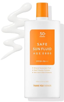 THANKYOU FARMER Safe Sun Fluid 100ml - Koreanischer mineralischer Sonnenschutz für das Gesicht, nicht fettende, feuchtigkeitsspendende, rifffreundliche, Vitamin B, E