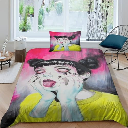 epivo Anime Girl 3D-Manga-Bettwäsche-Set, Manga-Muster, bedruckt, Bettbezug mit Reißverschluss, 3-teilig, weicher Bettbezug