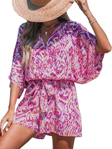 CUPSHE Damen Jumpsuit V-Ausschnitt Kurzarm Strampler Leopardenmuster Weites Bein Kurz Overall mit Gürtel Casual Lose Playsuit Fuchsie L