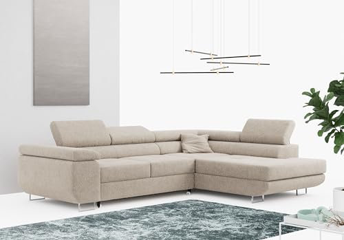 MKS MEBLE Ecksofa Wohnzimmer - Wohnlandschaft - Schlafsofa mit Bettkasten - Polstersofa mit Schlaffunktion - Boucle L Couch - Gustaw - Rechts - Creme (Abriamo 3)