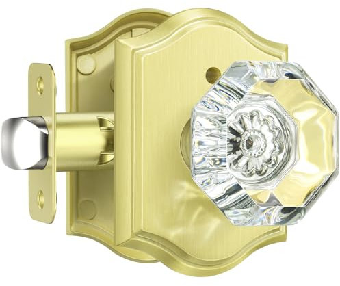 Calzibeno Gold Crystal Door Knobs, Glass Bedroom Door Knobs with Lock for Privacy Use, Satin Brass Crystal Door Knobs with Lock, Glass Octagon Door Knob Interior, 1 Pack