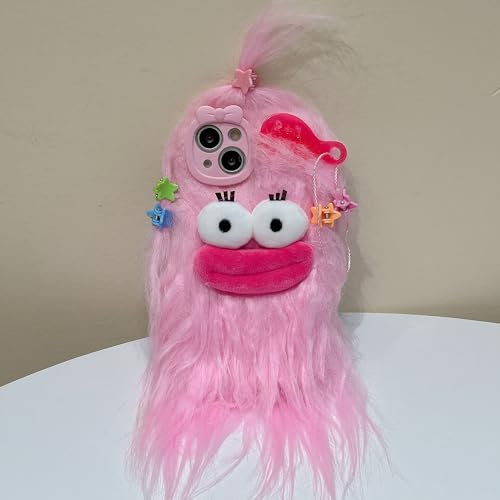 UZAKMI Brown Plush Phone Case for iPhone 14 Plus/15 Plus, Cute DIY Long Hair Funny Face Warm Furry Cases, 3D Cartoon Fuzzy Winter Protective Cover for Women Girls (iphone 15 pro,Pink)