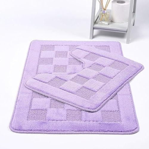 Lilac 2 Piece Squares Pattern Bath Mat & Pedestal Mat Set Non Slip Extra Water Absorbent Square Bathroom Toilet Rug,2 piece Bath Mats Set Anti-Slip, Machine Washable for Easy Care