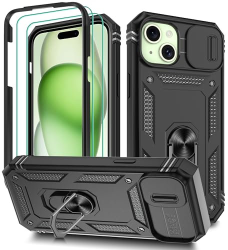 Pilaru 3 in 1 for iPhone 15 Plus case with 2 Screen Protector & Kickstand Ring & Camera Cover Military Grade Drop Shockproof Protection [360 Full Body] Case for iPhone 15 Plus,Black