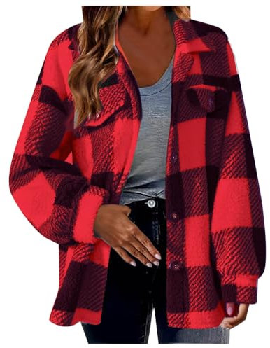 Giacche scozzesi da donna in pile soffice camicie a quadri taglie forti risvolto abbottonatura capispalla camicia autunno inverno spesso monopetto manica lunga camicetta giacche, 02-rosso, L