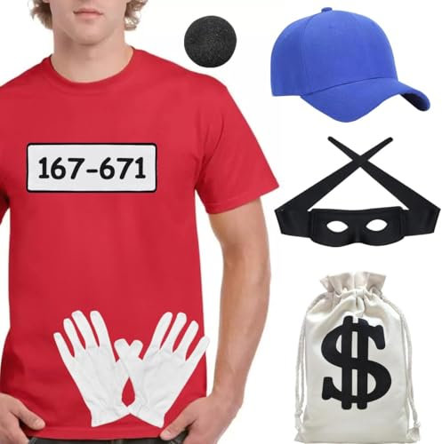 iZoeL Panzerknacker Kostüm Damen Herren, Panzerknacker Mütze + Handschuhe + Geldsack + Nase + Sticken Aufkleber(167-671)+ Mask Karneval Kostüm Accessorie,karneval Fasching kostüm Damen Herren