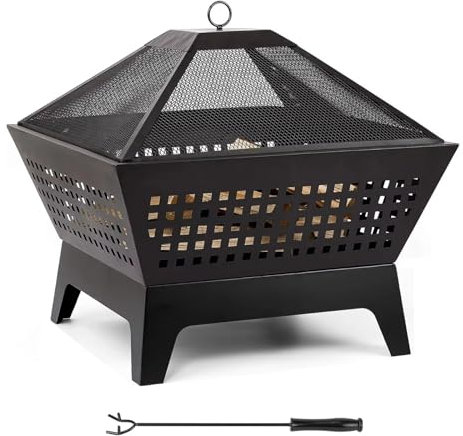 Hoguera de leña cuadrada extra profunda de 26 pulgadas para exteriores, hoguera grande con rejilla para cocinar y atizador, hoguera de leña de metal para barbacoa negra para exterior, patio trasero
