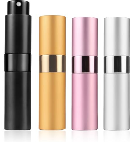 TYSM-CC Atomizador Recargable para Perfume - Kit de 4 Unidades con Mini Botellas Portátiles (8ml), Pulverización Precisión Antifugas, Tapa Segura + Diseño Elegante - Ideal para Viajes