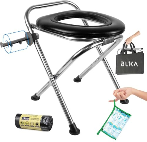 BLIKA Kit de toilette portable en acier inoxydable amélioré, 158,8 kg avec siège souple, gel absorbant écologique, 30 litres, très résistant de 1 mm, sacs de rechange compostables