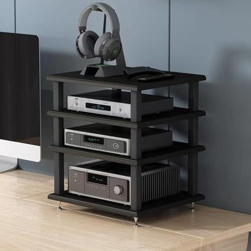 HiFi Audio Rack – 4-stöckiger kleiner Desktop-Medienkonsolenständer für Stereo-Komponenten, Verstärker und Lautsprecher – schwarzer Schrank mit Schallplattenablage