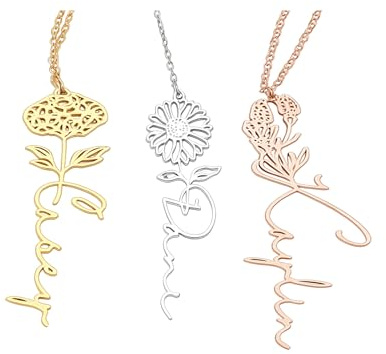AUROGLOW Personalised Birth Flower Name Necklace – Custom Stainless Steel Pendant with Engraved Name & Birth Month Flower, Meaningful Gift for Her, Birthday, Mother's Day, Anniversary