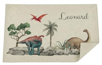 Bärenfreunde Kinder Platzdeckchen personalisiert, Platzset, abwaschbare Tischuntersetzer, Platzdecke Stoff Baby, Untersetzer mit Design lustig und Namen (Dinos)