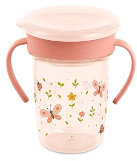Miniland Sippy Cup 360 Butterfly - Bicchiere di Apprendimento 270 ml Antigoccia | Sistema 360° senza Beccuccio | Con Manici Ergonomici e Coperchio | Personalizzabile | Lavabile in Lavastoviglie